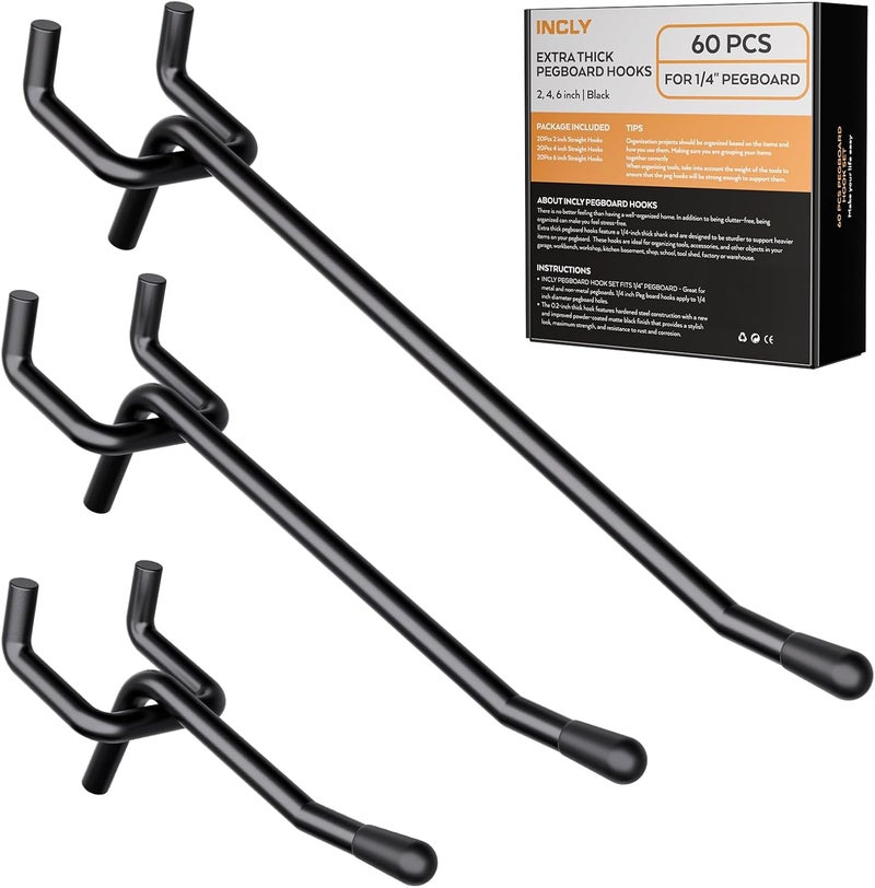 INCLY 60 Pack 2/4/6 Inch Black Pegboard Hooks, 1/4" Heavy Duty Peg Board Shelving Hooks Accessories, Peg Board Tool Hangers Fit for 1/4" Pegboard Hanging Tools Garage, Craft Organizing, Kitchen, Store - Image 1